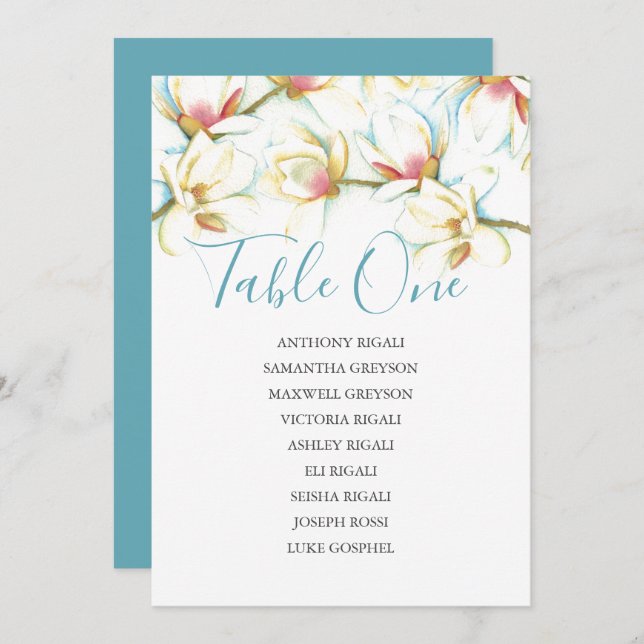 White Magnolia Wedding Seating Chart, Table Plan Invitation (Front/Back)
