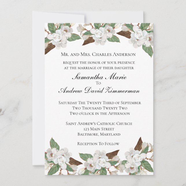 White Magnolias Classic Formal Elegant Wedding Inv Invitation (Front)