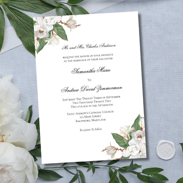 White Magnolias Classic Formal Elegant Wedding  Invitation (White Floral Magnolia Flowers Formal Traditional Classic Wedding Invitation)