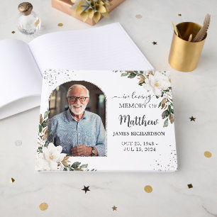 White Magnolias Floral Memorial Funeral Photo Guest Book