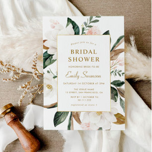 White magnolias gold frame bridal shower invitation