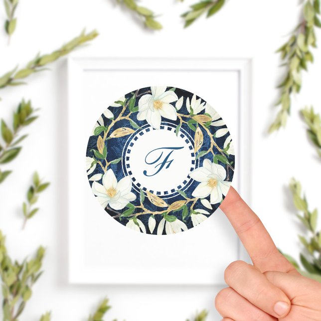 White Magnolias Monogram Initial Classic Round Sticker (Creator Uploaded)