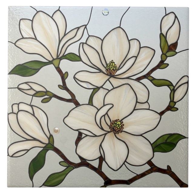 White Magnolias Stained Glass Illusion Tile (Front)