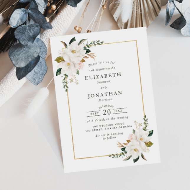 white magnolias wedding invitation (Creator Uploaded)