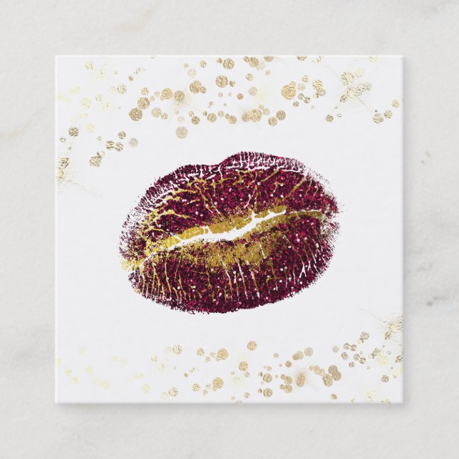 *~* White Makeup Gold Glitter Lips Gold Confetti Square Business Card (Front)