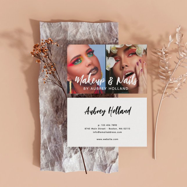 White Makeup & Nails White Script 2 Photos Business Card (Creator Uploaded)