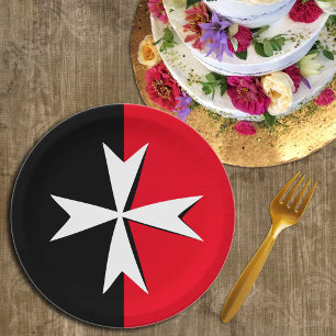 White Maltese Cross & Malta flag symbol / knights Paper Plate