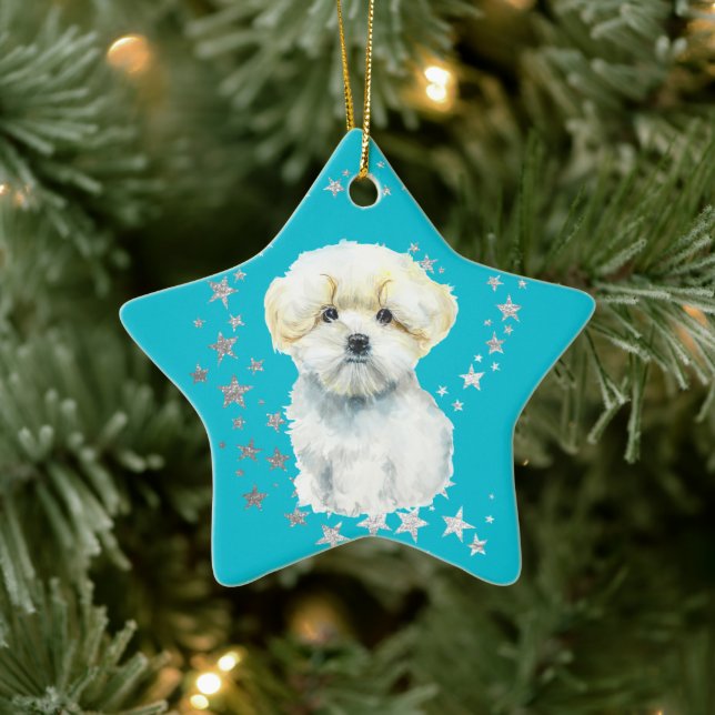 White Maltese Dog Silver Stars Teal Christmas Ceramic Tree Decoration (Tree)