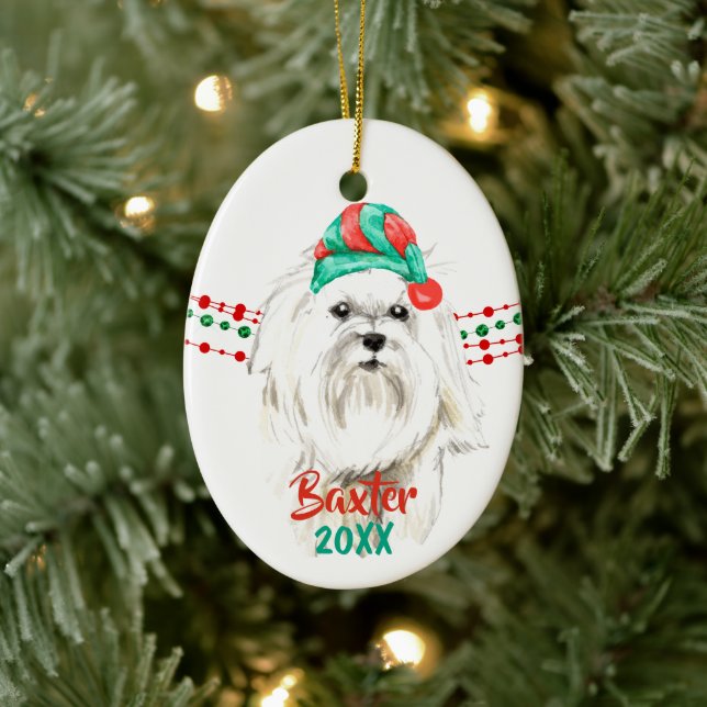 White Maltese Santa Hat Holiday String Beads Ceramic Tree Decoration (Tree)