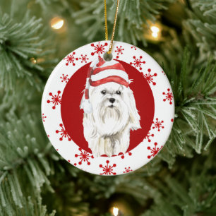 White Maltese Santa Hat Red Snowflake Ceramic Tree Decoration