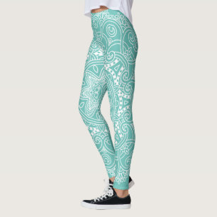 White Mandala Art Pattern On Light Teal Blue Green Leggings