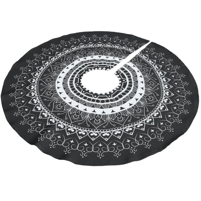 White Mandala Black Brushed Polyester Tree Skirt (Angled)