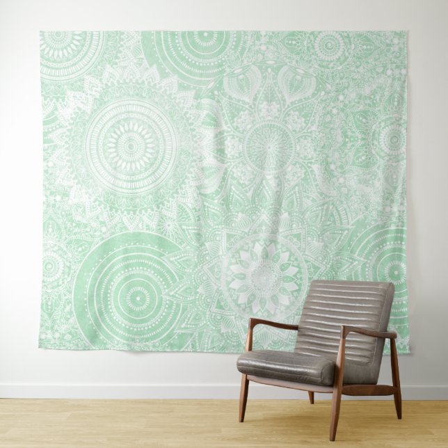 White Mandala Collection Green Design Tapestry (In Situ (Horizontal))