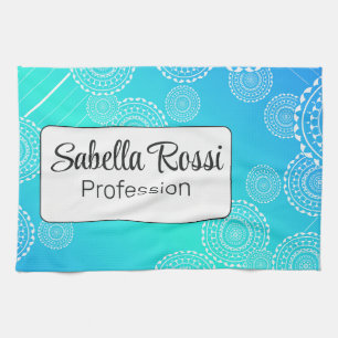 White Mandala on Aqua Blue Blended Rainbow White Tea Towel