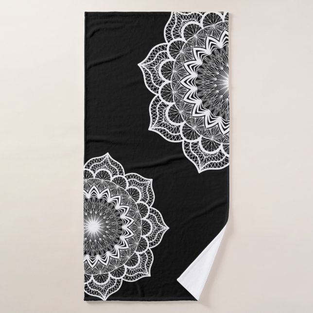 White Mandala on Black Background Bath Towel (Bath Towel)