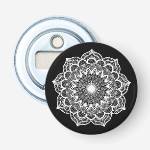 White Mandala on Black Background Bottle Opener