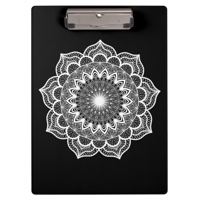 White Mandala on Black Background Clipboard (Front)