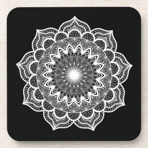 White Mandala on Black Background Coaster
