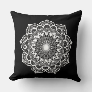 White Mandala on Black Background Cushion