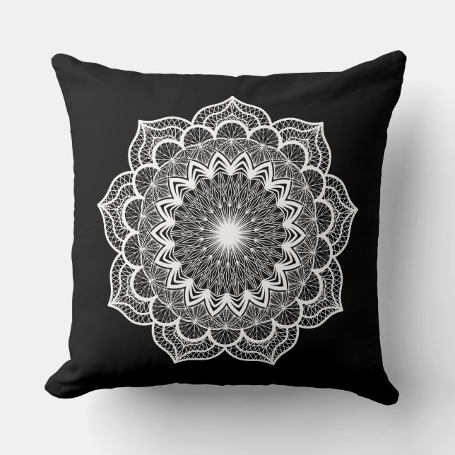 White Mandala on Black Background Cushion (Front)