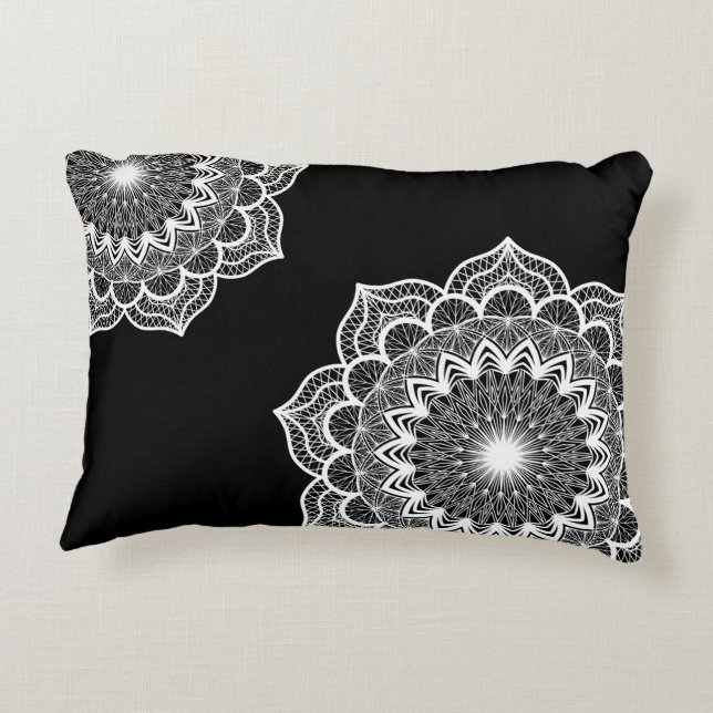 White Mandala on Black Background Decorative Cushion (Back)