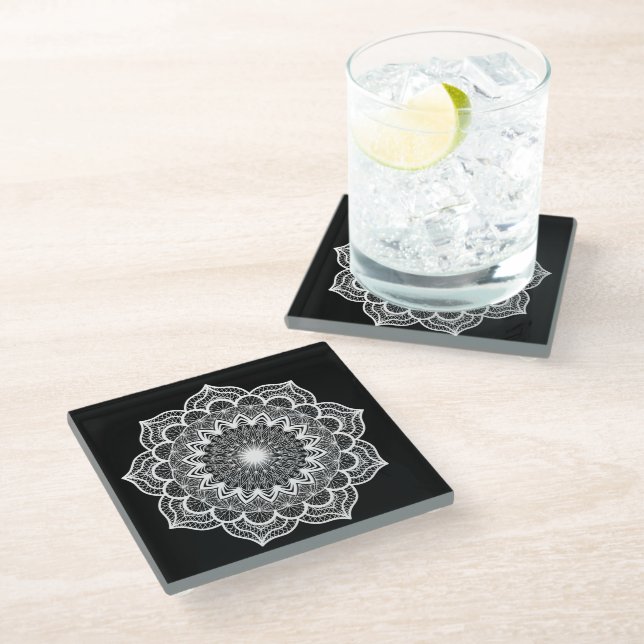 White Mandala on Black Background Glass Coaster (Angled)