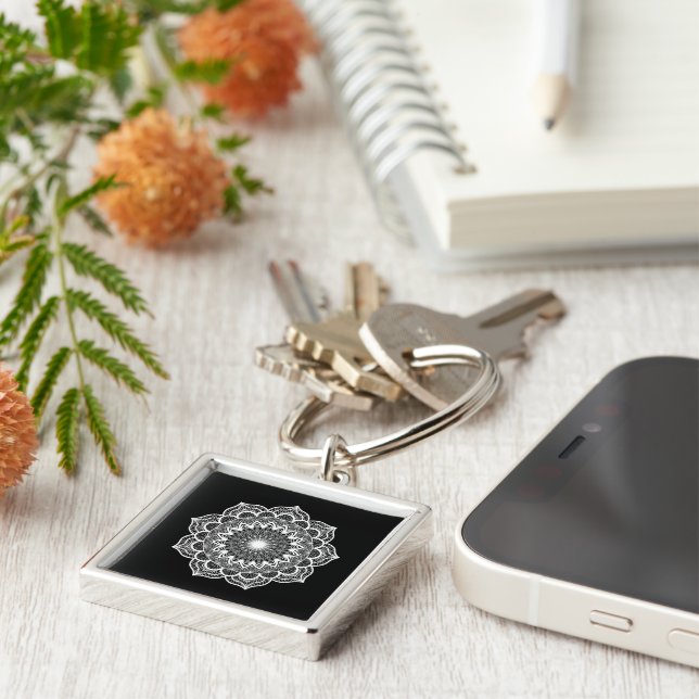 White Mandala on Black Background Key Ring (Side)