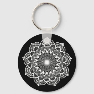 White Mandala on Black Background Key Ring