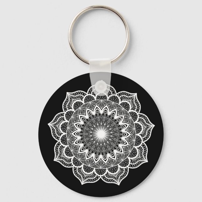 White Mandala on Black Background Key Ring (Back)