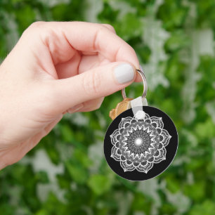 White Mandala on Black Background Key Ring
