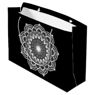White Mandala on Black Background Large Gift Bag