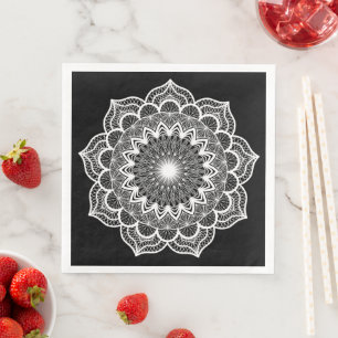 White Mandala on Black Background Napkin