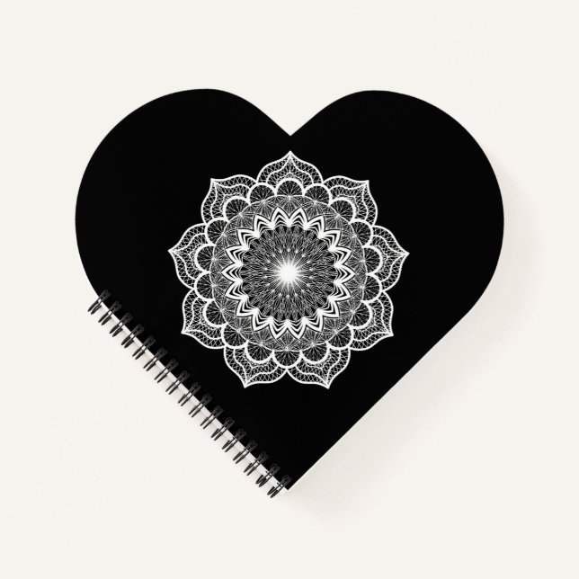 White Mandala on Black Background Notebook (Front)