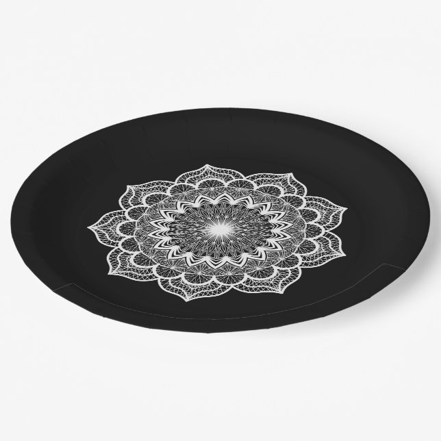 White Mandala on Black Background Paper Plate (Angled)