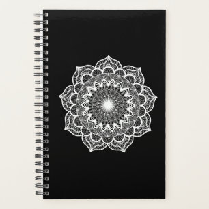 White Mandala on Black Background Planner