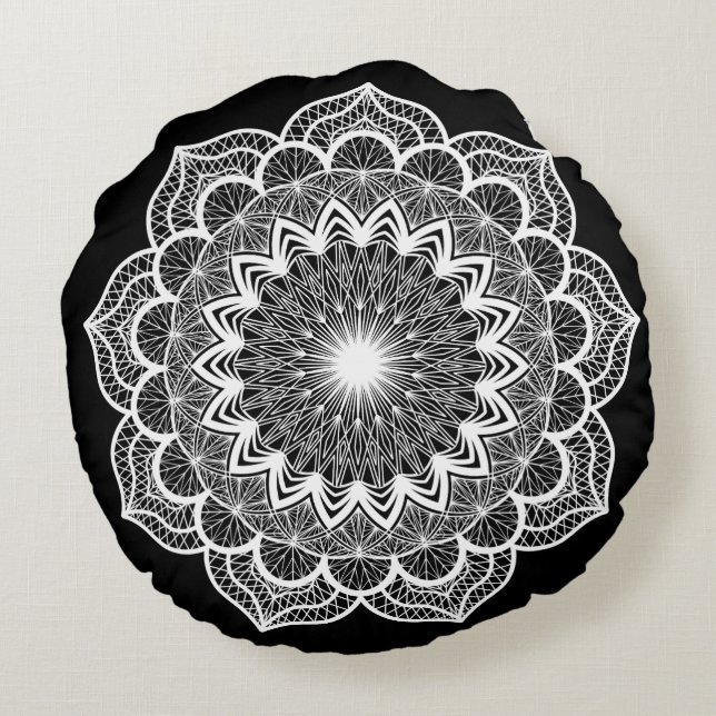 White Mandala on Black Background Round Cushion (Back)