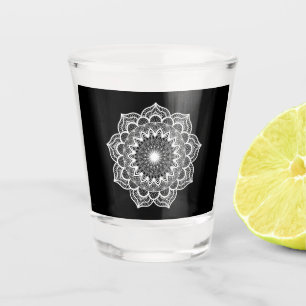 White Mandala on Black Background Shot Glass