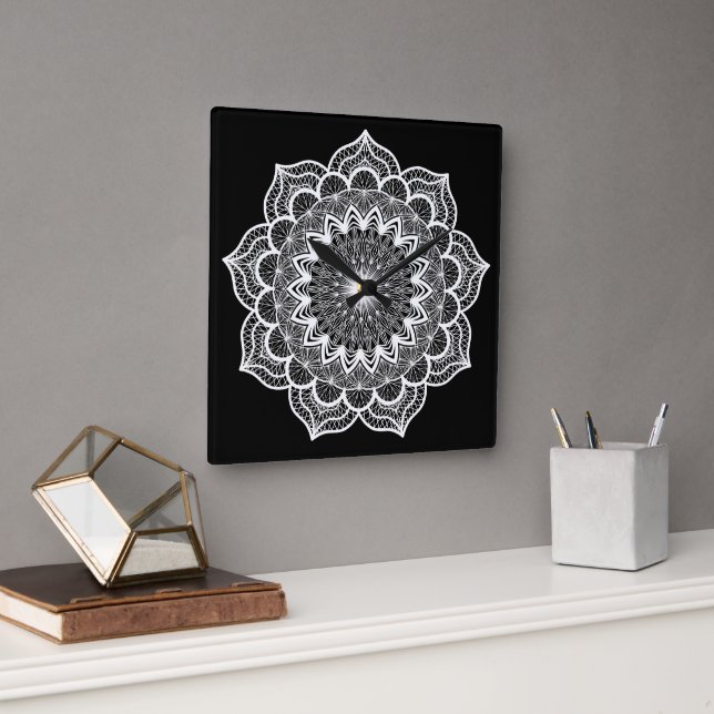 White Mandala on Black Background Square Wall Clock (Office)