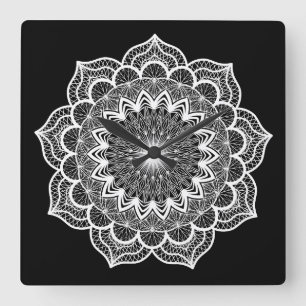 White Mandala on Black Background Square Wall Clock
