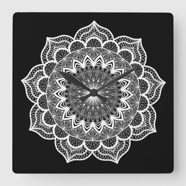 White Mandala on Black Background Square Wall Clock (Front)
