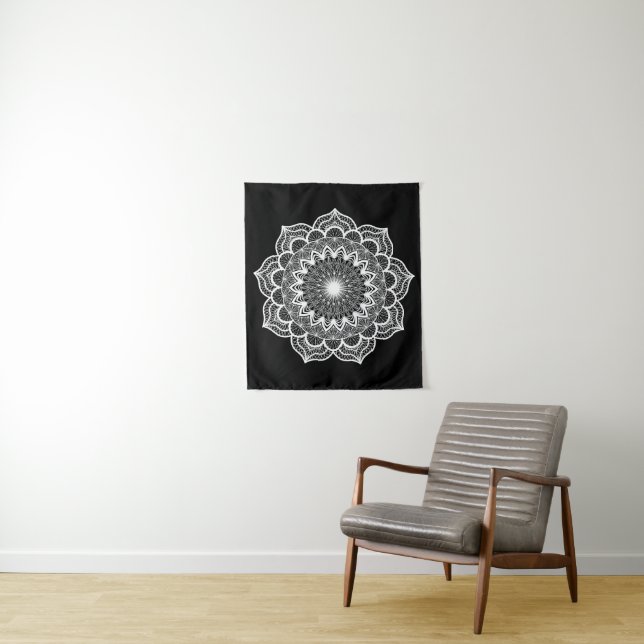 White Mandala on Black Background Tapestry (In Situ)