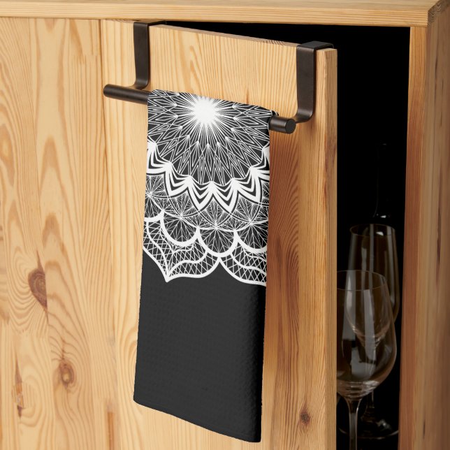 White Mandala on Black Background Tea Towel (Thirds Fold)