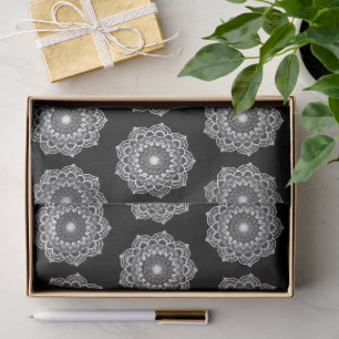 White Mandala on Black Background Tissue Paper
