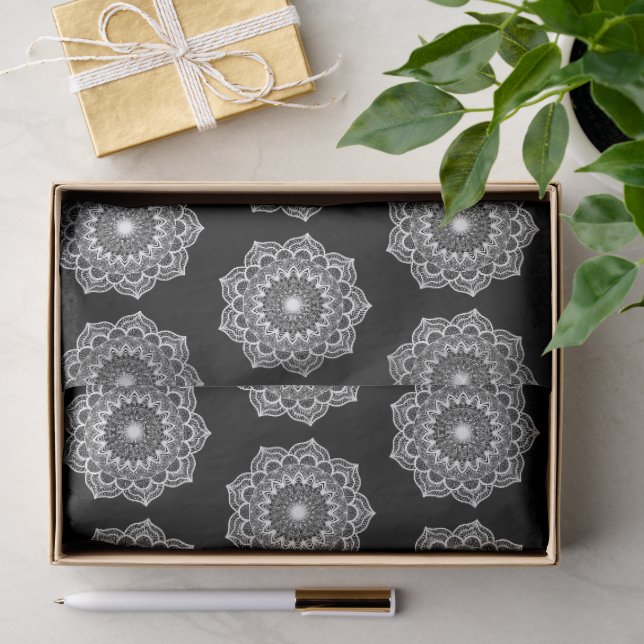 White Mandala on Black Background Tissue Paper (Gift)