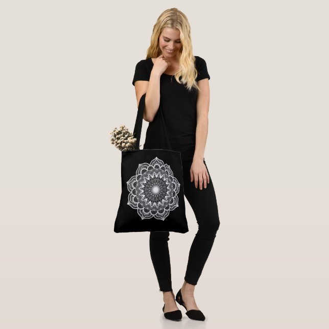 White Mandala on Black Background Tote Bag (On Model)