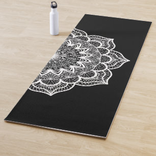 White Mandala on Black Background Yoga Mat