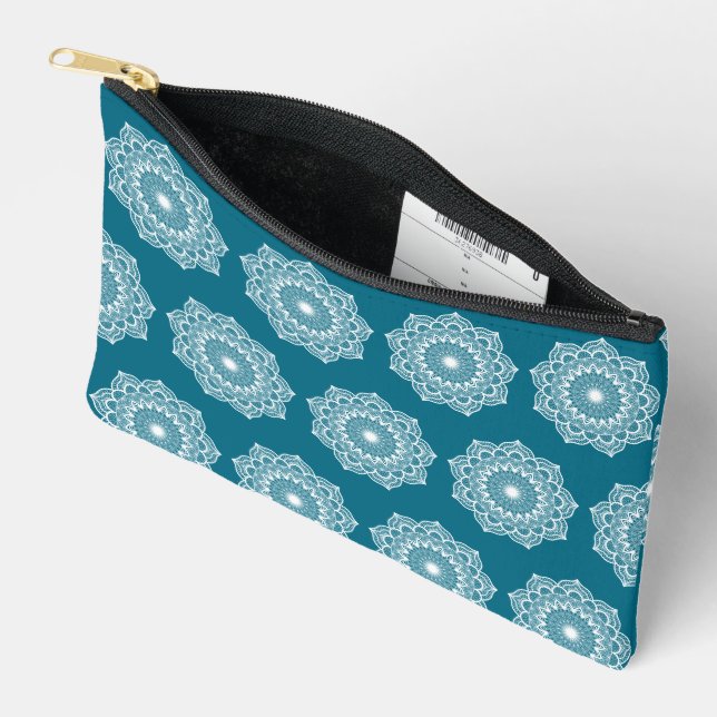 White Mandala on Blue Background Accessory Pouch (Open)