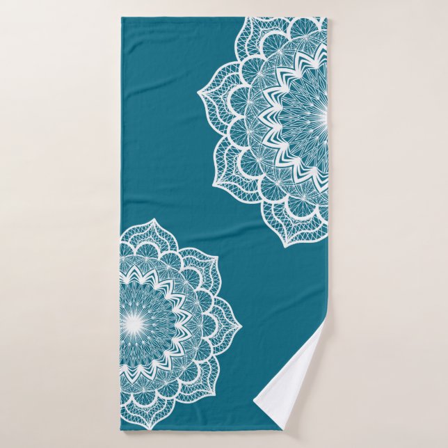 White Mandala on Blue Background Bath Towel (Bath Towel)
