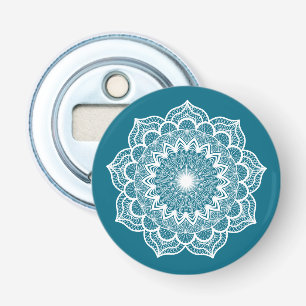 White Mandala on Blue Background Bottle Opener