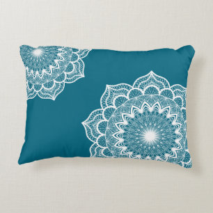 White mandala on blue background decorative cushion